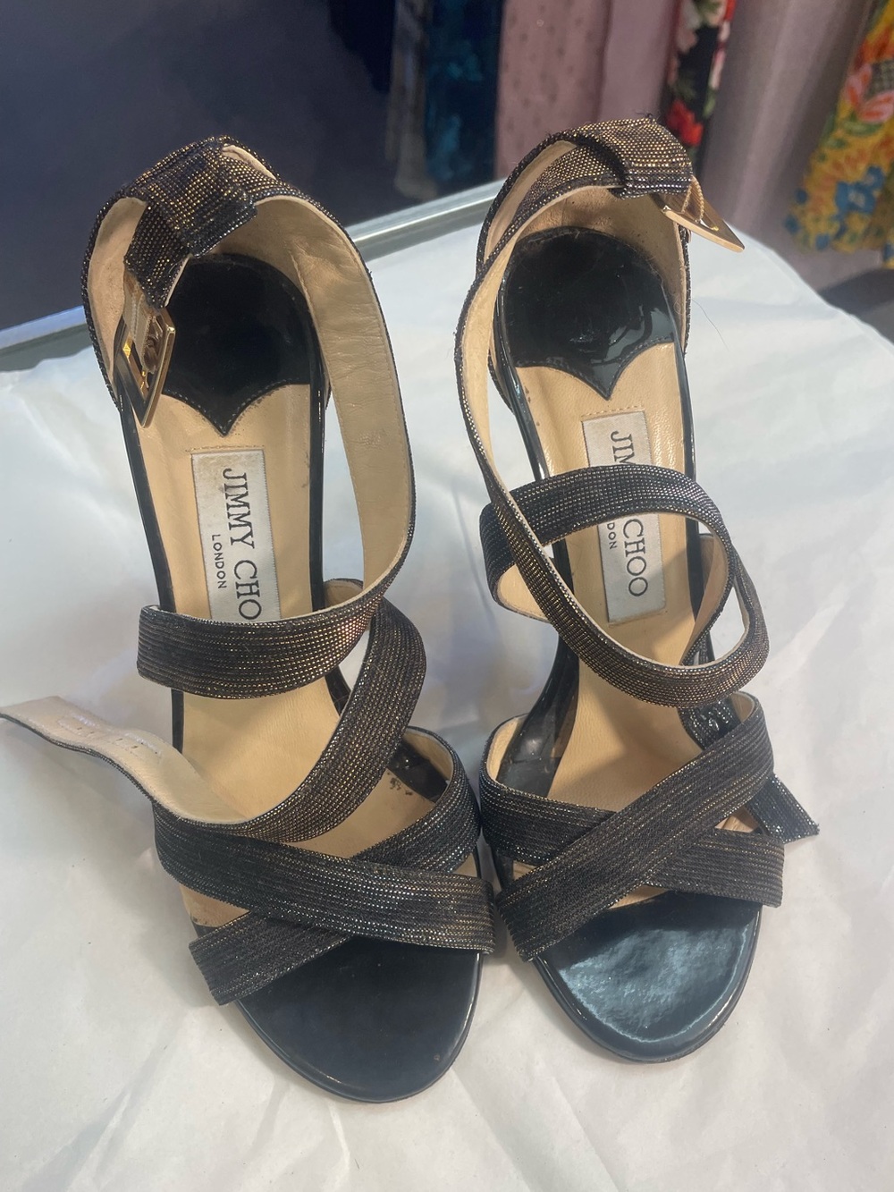 Jimmy Choo Black and Gold Strappy High Heel Sandals
